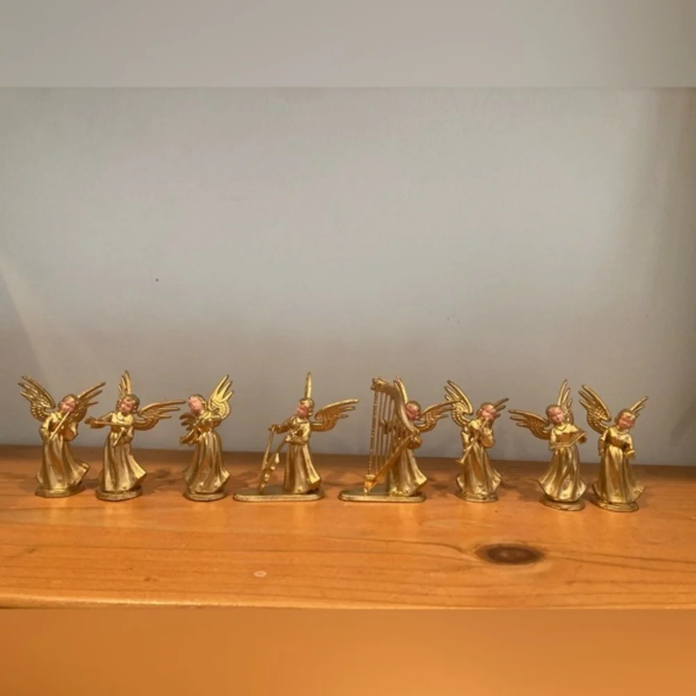 Vtg Set 8 Angel Cherub Instrument Musicians Gold Christmas Ornaments Hong Kong